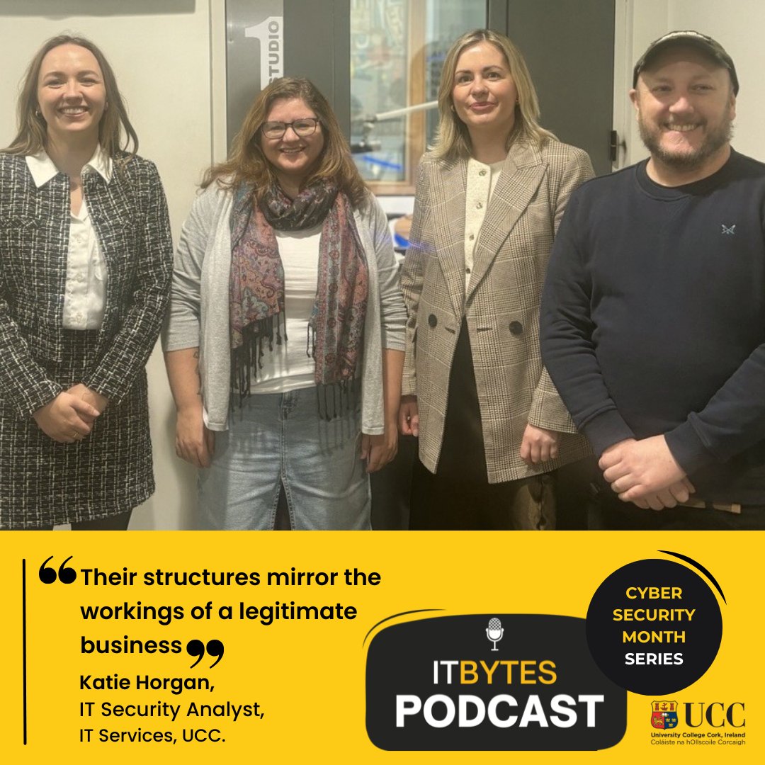 UCCITServices's tweet image. The ITBytes Podcast are running a 3 part series for Cyber Security Month. In the 2nd episode of this series, we chat with Katie Horgan, IT Security Analyst in IT Services, about the business or cyber crime and romance fraud. Listen to ITBytes⬇️
open.spotify.com/episode/0lqVwj…