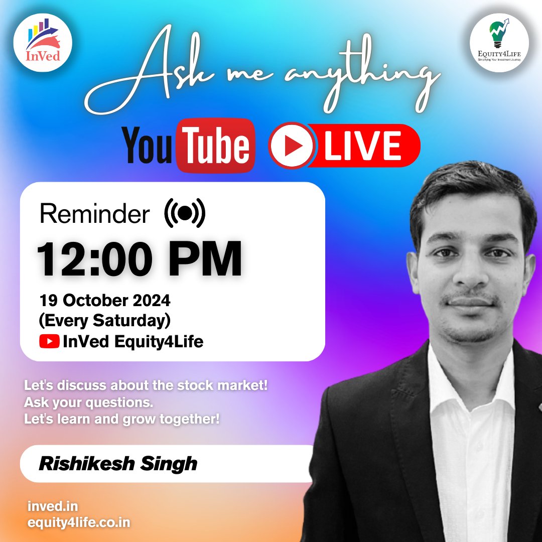 InVed_Research's tweet image. Let's JOIN #YouTube LIVE
Session start at
12:00 PM Afternoon .

🔗Link: youtube.com/live/K6beVVH2O…

You can subscribe our YouTube channel to get stocks study/analysis, YouTube Live, Market view &amp;amp; learning videos. ✌️

#InVed #Equity4Life