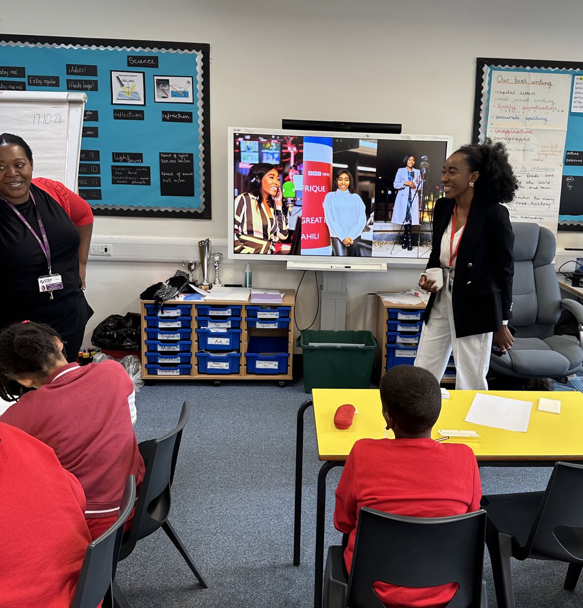 TurnhamPrimary's tweet photo. We were so lucky to be visited by BBC journalists @simijourno @susan_karanja and author @ToyinReports today to finish our Black History Month celebrations in style 😊
@thesteptrust #PUPAC #Lewisham #school #Brockley #London #teachers #education #books #reading #blackhistorymonth https://t.co/rb0gfyD7bw