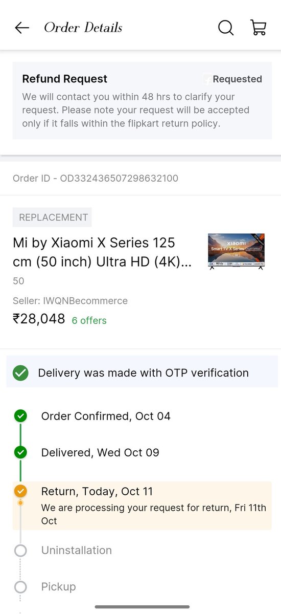 Anshuman138's tweet photo. @flipkartsupport @Flipkart @GyanTherapy @tech_burner 
Please Flipkart Help me,
Hamne product ko order Kiya 28 september ko 9 October ko deliverd hua 11 October ko open Kiya Flipkart ke installer ne to product damaged tha
11 October ko return request di thi par abhi tak nahi hua https://t.co/KiT4FbOqux