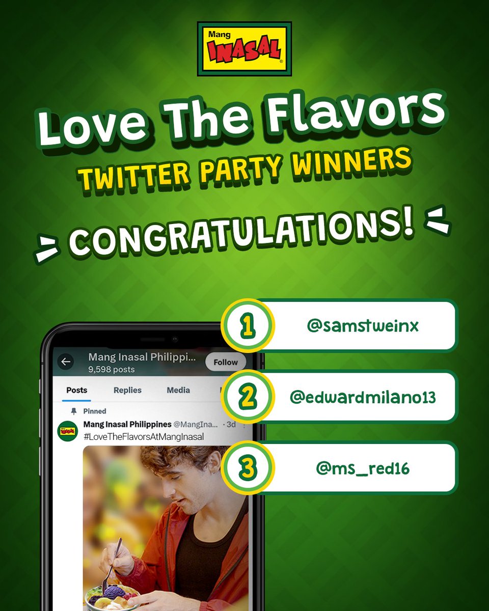 MangInasalPH's tweet photo. Congratulations to our Ka-Unli who will receive IHAWtastic GCs from our #LoveTheFlavorsAtMangInasal Twitter Party! 🎉 Please send us a message to know how to claim your prize! 

#ILoveMangInasal💚💛 https://t.co/gGjMqkCvHO