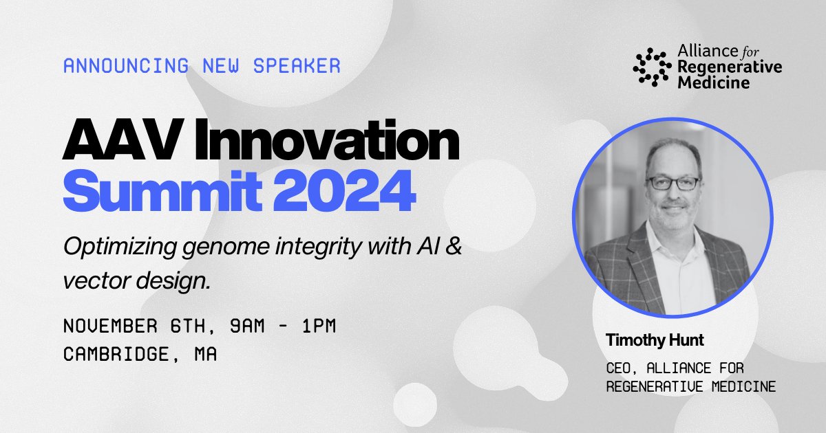 Form Bio (@form_bio) on Twitter photo Announcing Tim Hunt, CEO <a href="/alliancerm/">Alliance for Regenerative Medicine (ARM)</a>, will be delivering a state-of-the-industry briefing on the #genetherapy space at the #AAV Innovation Summit on November 6th in Cambridge, MA. See the full agenda: hubs.li/Q02TS9xK0 Announcing Tim Hunt, CEO <a href="/alliancerm/">Alliance for Regenerative Medicine (ARM)</a>, will be delivering a state-of-the-industry briefing on the #genetherapy space at the #AAV Innovation Summit on November 6th in Cambridge, MA. See the full agenda: hubs.li/Q02TS9xK0