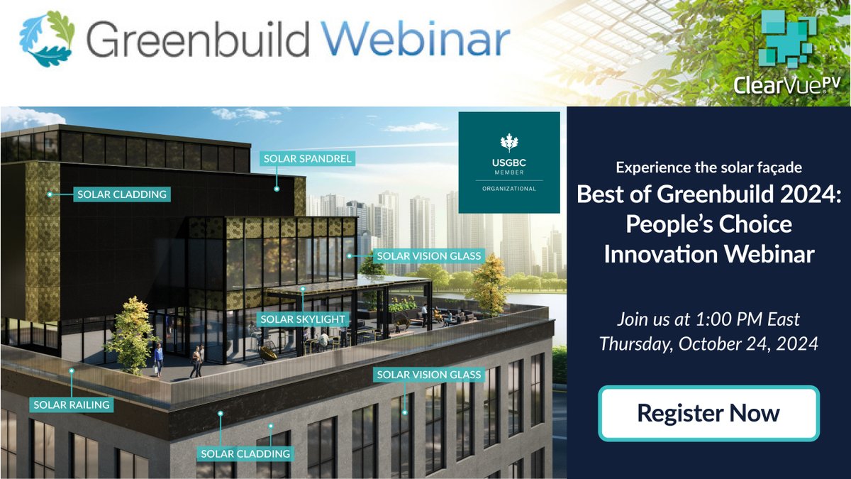 ClearVue PV (@clearvuepv) on Twitter photo Join us October 24, 1:00 PM ET for the <a href="/Greenbuild/">Greenbuild</a> Best of Greenbuild 2024 Innovation Webinar. @ClearVue Technologies Limited will be competing for the top honors. Register today and vote for ClearVue as the top innovation: hubs.ly/Q02Tzhwg0 Join us October 24, 1:00 PM ET for the <a href="/Greenbuild/">Greenbuild</a> Best of Greenbuild 2024 Innovation Webinar. @ClearVue Technologies Limited will be competing for the top honors. Register today and vote for ClearVue as the top innovation: hubs.ly/Q02Tzhwg0