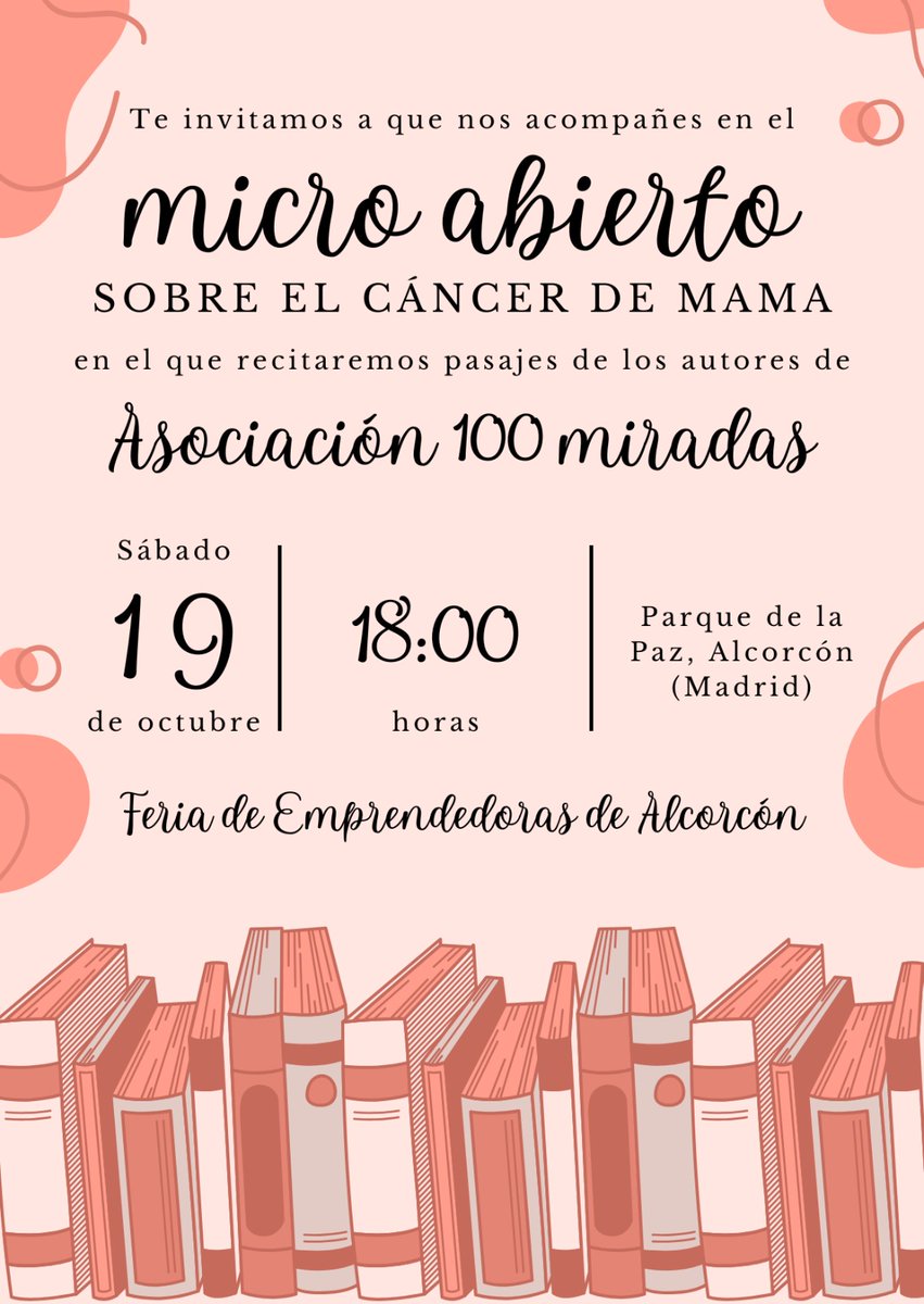 ⚠️¡Mañana! ⚠️
No os perdáis en micro abierto sobre el cáncer de mamá que haremos mañana en el Parque de la Paz, Alcorcon (Madrid). Habrá un montón de puestos con negocios de todo tipo, incluído el de nuestra asociación con firmas de nuestros autores 🩷