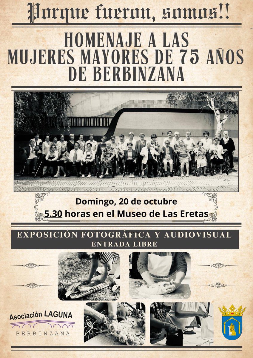En el Día Internacional de la Mujer Rural, desde la asociación Laguna, Museo de las Eretas y Ayuntamiento rendimos un homenaje a todas las mujeres que han vivido en Berbinzana.
Ven a la exposición y audiovisual para  visibilizar vidas, llenas de alegrías, esfuerzo y mucho trabajo