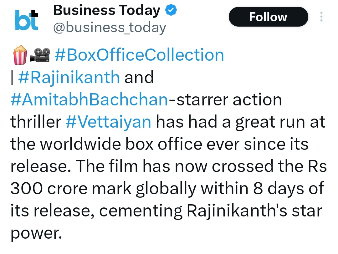 Itsme0911's tweet photo. Nationwide media 

@IndiaToday &amp; @business_today 

Both have declared #Vettaiyan crossed 300 crs successfully 💥🔥😎

Already hit (profitable zone for distributor) in majority places..steadily heading towards biggest blockbuster of 2024.

#Vettaiyan300CroreBOHunt https://t.co/eUZxg9ONYi