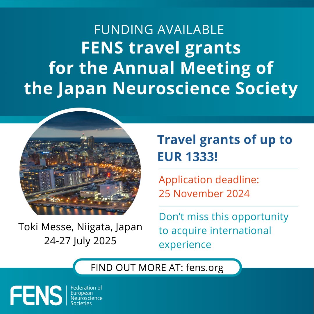 FENSorg's tweet image. 🤩 Don’t miss out on the opportunity to attend the 48th annual meeting of the Japan Neuroscience Society in 2025. Apply for a #FENS travel grant up to EUR 1333 and receive waived registration. 

Submit your application by 25 November
👉 loom.ly/YXCXEbo

@jnsorg