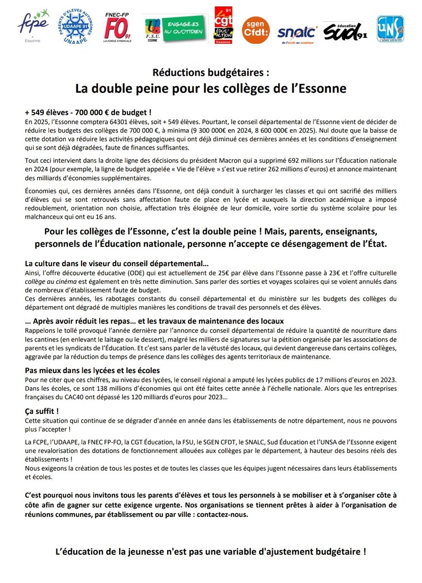 🔴Réductions budgétaires :
La double peine pour les collèges de l’Essonne (91)

❌️+ 549 élèves - 700 000 € de budget !

📍Pour les collèges de l’Essonne, c’est la double peine ! 

❌️La culture dans le viseur du conseil départemental…

#FCPE91 #CGT #FO #FSU #SNALC #SUD #UNSA