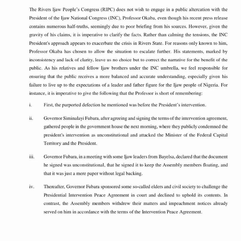 RIPCO___'s tweet photo. Rivers Ijaw People's Congress - RIPCO responds to Professor Benjamin Okaba the INC Presidents recent press release.

Urge him to, set aside his baseless claims, personal and Political differences, for a lasting peace in Rivers State and the broader Ijaw community in Rivers State. https://t.co/xHFnm63mhy