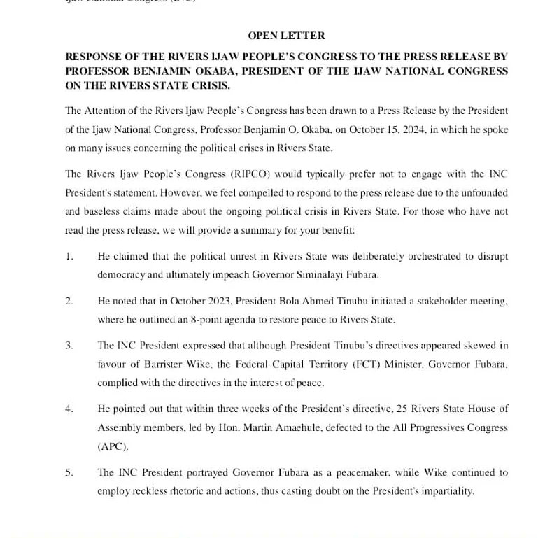 RIPCO___'s tweet photo. Rivers Ijaw People's Congress - RIPCO responds to Professor Benjamin Okaba the INC Presidents recent press release.

Urge him to, set aside his baseless claims, personal and Political differences, for a lasting peace in Rivers State and the broader Ijaw community in Rivers State. https://t.co/xHFnm63mhy