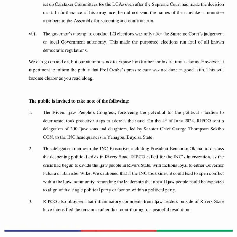 RIPCO___'s tweet photo. Rivers Ijaw People's Congress - RIPCO responds to Professor Benjamin Okaba the INC Presidents recent press release.

Urge him to, set aside his baseless claims, personal and Political differences, for a lasting peace in Rivers State and the broader Ijaw community in Rivers State. https://t.co/xHFnm63mhy