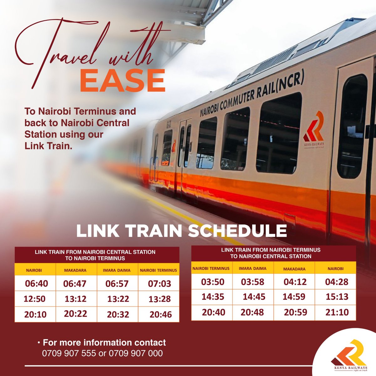 KenyaRailways_'s tweet photo. Heading to or from the Nairobi Terminus via Nairobi CBD? Worry less! Use the Kenya Railways Link train for a fast, efficient, hassle-free trip between Nairobi Terminus and Nairobi Central Railway Station every day including weekends and holidays! #LinkTrain #RightOnTrack https://t.co/aeJvW8l85Y