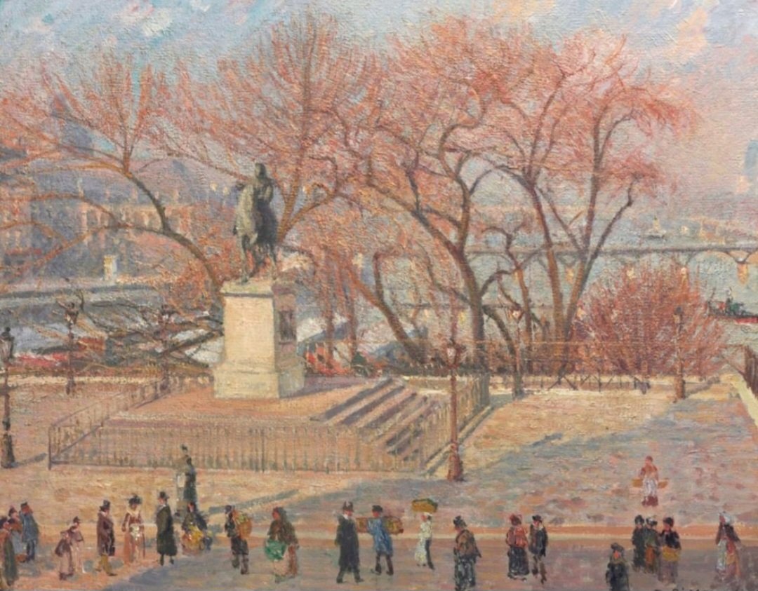 Unique among Camille Pissarro’s views of the Square du Vert-Galant in Paris, this work depicts a stream of pedestrians one morning in 1902.  Figures in worker’s garb rub shoulders with top hatted flâneurs; near the centre is a man in a blue artist’s smock, a stand-in for Pissarro