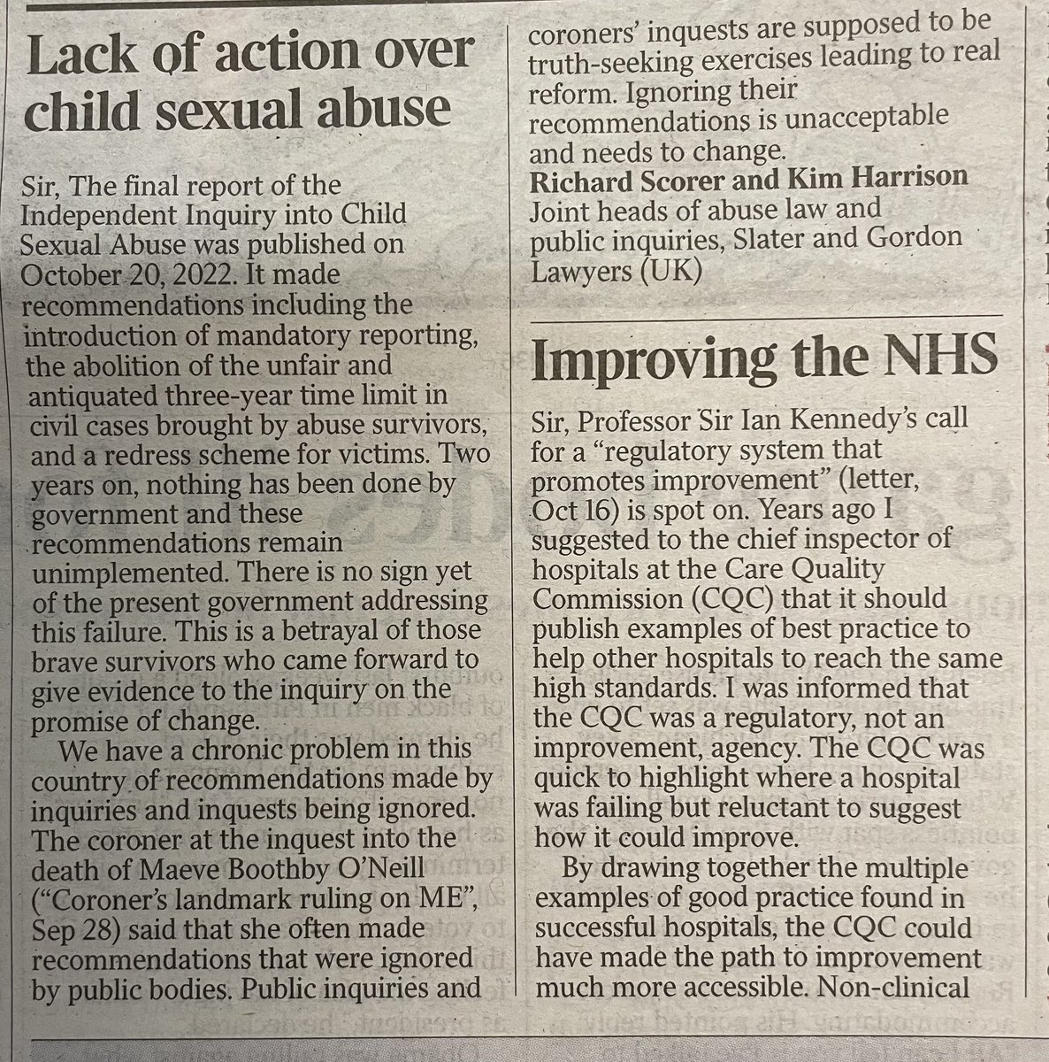 Richard_Scorer's tweet photo. 2 years since the #IICSA final report and none of its main recommendations have been implemented or  are even close to being. A shameful situation and a betrayal of survivors - letter from @Kim_LHarrison and myself in @thetimes today https://t.co/6ckCEGJWko