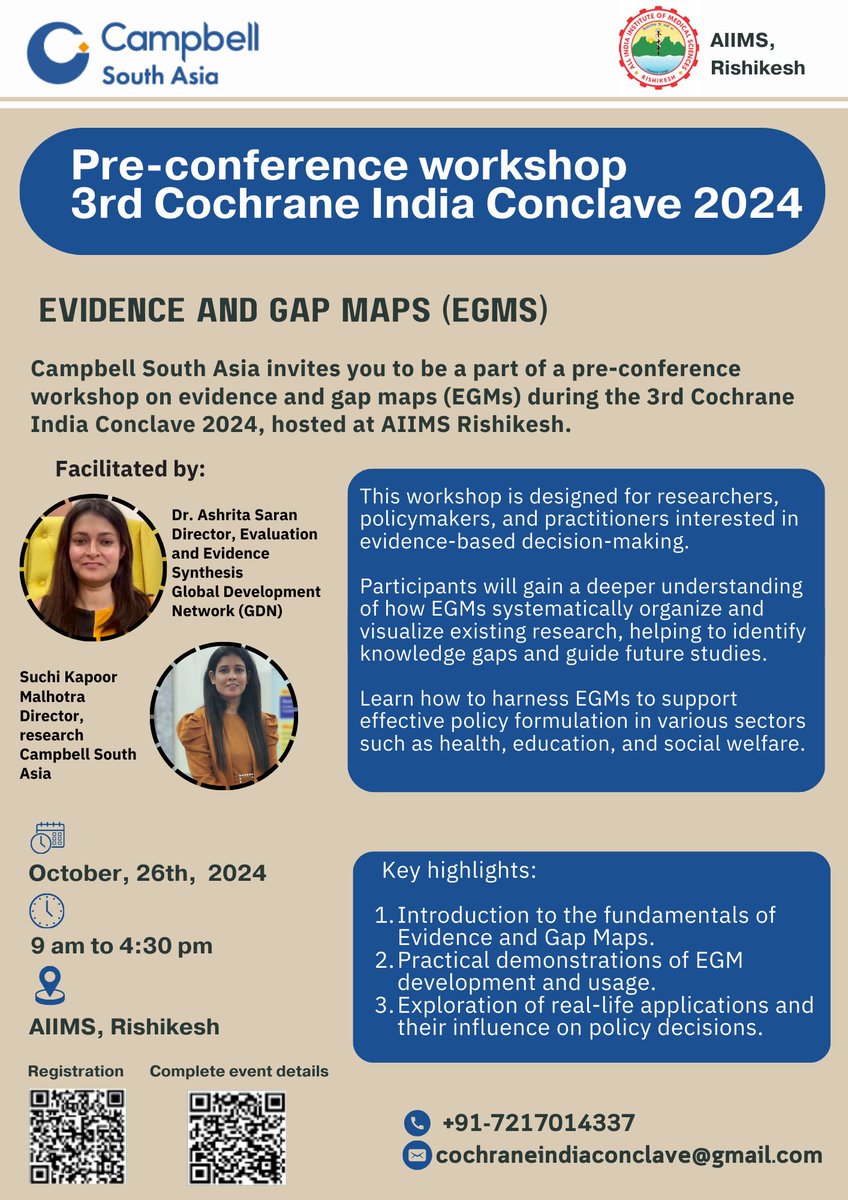 Join us for a pre-conference workshop on EGMs at the 3rd Cochrane India Conclave 2024, AIIMS Rishikesh!

Ideal for researchers and policymakers, this workshop will enhance your evidence-based decision-making skills. 

Don’t miss out! 

👉 Register: aiimsrishikeshdigitalacademy.com/event/cochrane…