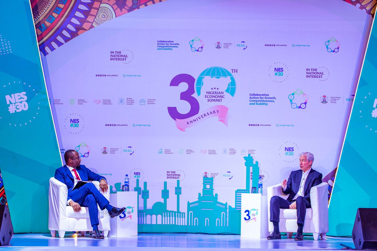 officialNESG's tweet photo. Exciting moments from Plenary IV at #NES30! 📸🔥
We were honoured to host 'A Fireside Chat with Jamie Dimon, CEO of JP Morgan Chase.' 🏦✨ An insightful conversation on global markets, financial innovation, and what it takes to drive sustainable economic growth in Nigeria and beyond.
A big thank you to Jamie Dimon for sharing his wealth of knowledge with us! 💼🌍
#NES30 #CollaborativeAction #GrowthandStability #Competitiveness