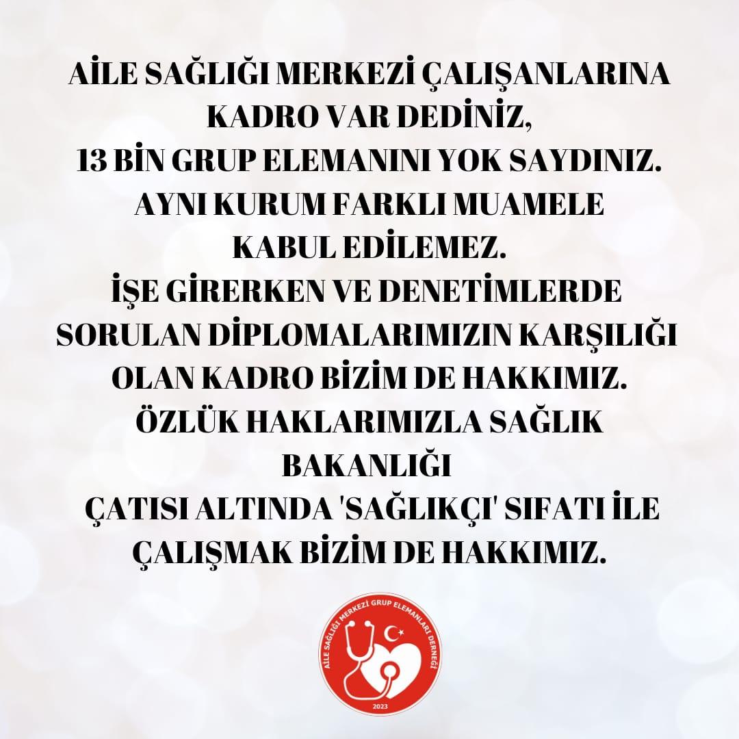 <a href="/asmgruplandirma/">Aile Sağlığı Merkezi Grup Elemanları Derneği</a> <a href="/RTErdogan/">Recep Tayyip Erdoğan</a> <a href="/HMBakanligi/">T.C. Hazine ve Maliye Bakanlığı</a> <a href="/memetsimsek/">Mehmet Simsek</a> <a href="/drmemisoglu/">Prof. Dr. Kemal Memişoğlu</a> Grup elemanları olarak kadrosuz iş güvencesiz özlük hakkı olmadan çalışıyoruz iş barışı içinde çalışmak istiyoruz bizleri görmezden gelmeyin
#elemandeğilsağlıkçı