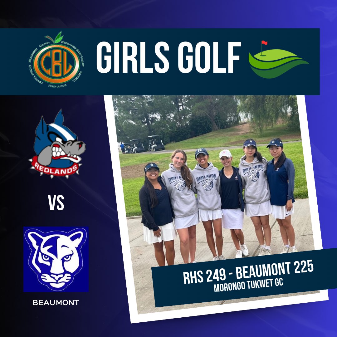 RHSGirlsGolf2's tweet photo. Wrapped up the regular season at 8-2 in the CBL and 10-3 overall. Played well against a good Beaumont team. Alyssa Azurin with our team low score of the match with a 43. On to the post season &amp; CBL Prelims/Finals next week. @PrepDawg2 @RedlandsAD @derryl_golfer https://t.co/t6O40yx0f9