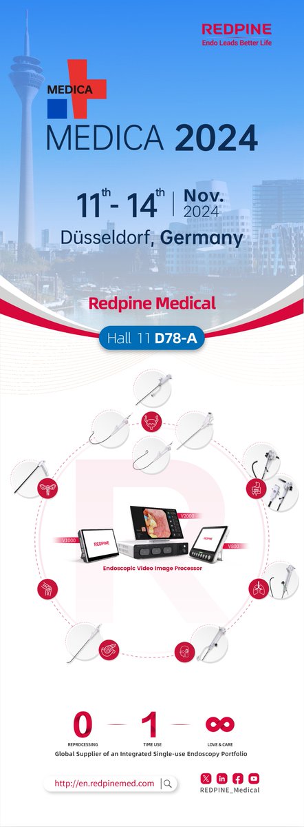 REDPINE_Medical's tweet photo. #REDPINE debuts at #MEDICA24🎉Welcome to visit Hall 11, D78-A and experience Redpine's image processor, 6.3Fr Single-use #ureteroscope, HD flexible #cystoscope and latest endoscopes across all clinical areas. 
Come to witness the future and advancements of #endoscopy. https://t.co/7mP0uWioVZ