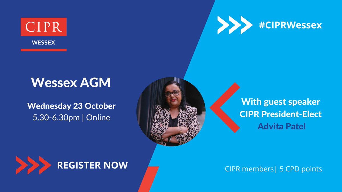 CIPR Wessex Group cipr-wessex.bsky.social (@cipr_wessex) on Twitter photo Join us next week for the CIPR Wessex AGM, 5.30pm on Wednesday 23 October when we’ll be joined by CIPR President Elect for 2025 <a href="/Advita_p/">Advita CommsRebel</a>. Advita will present her vision and plans for next year.
Book here: cipr.co.uk/CIPR/Events/Ev…
<a href="/CIPR_Global/">Chartered Institute of Public Relations</a> #pr #comms Join us next week for the CIPR Wessex AGM, 5.30pm on Wednesday 23 October when we’ll be joined by CIPR President Elect for 2025 <a href="/Advita_p/">Advita CommsRebel</a>. Advita will present her vision and plans for next year.
Book here: cipr.co.uk/CIPR/Events/Ev…
<a href="/CIPR_Global/">Chartered Institute of Public Relations</a> #pr #comms