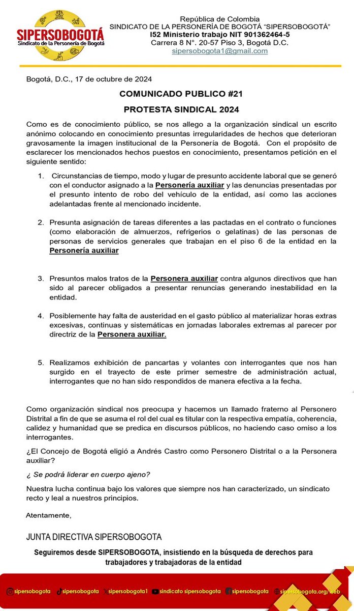 COMUNICADO PUBLICO SIPERSOBOGOTÁ