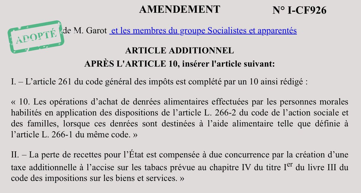🟢 Une première victoire contre la précarité alimentaire, en commission des Finances hier soir : mon amendement "TVA à 0%" sur les achats de denrées destinées au don par les associations largement adopté.

Rendez-vous en séance la semaine prochaine. On ne lâche rien ! ✊