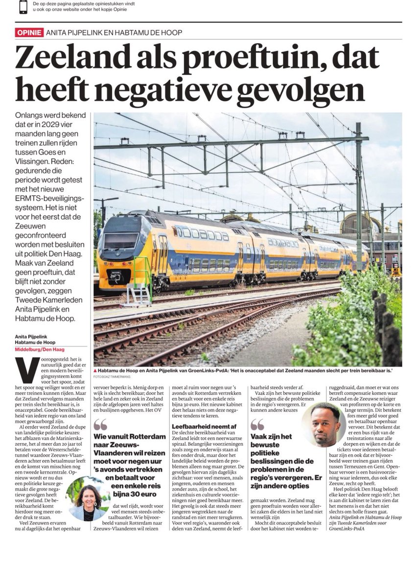 Habtamu de Hoop (@habtamudehoop) on Twitter photo Onlangs werd bekend dat er in 2029 vier maanden lang geen treinen zullen rijden tussen Goes en Vlissingen. Opnieuw een politieke keuze met grote gevolgen voor de bereikbaarheid van alle Zeeuwen. Zeeland mag geen proeftuin zijn!
Opinie samen met collega <a href="/APijpelink/">Anita Pijpelink</a>⤵️ Onlangs werd bekend dat er in 2029 vier maanden lang geen treinen zullen rijden tussen Goes en Vlissingen. Opnieuw een politieke keuze met grote gevolgen voor de bereikbaarheid van alle Zeeuwen. Zeeland mag geen proeftuin zijn!
Opinie samen met collega <a href="/APijpelink/">Anita Pijpelink</a>⤵️