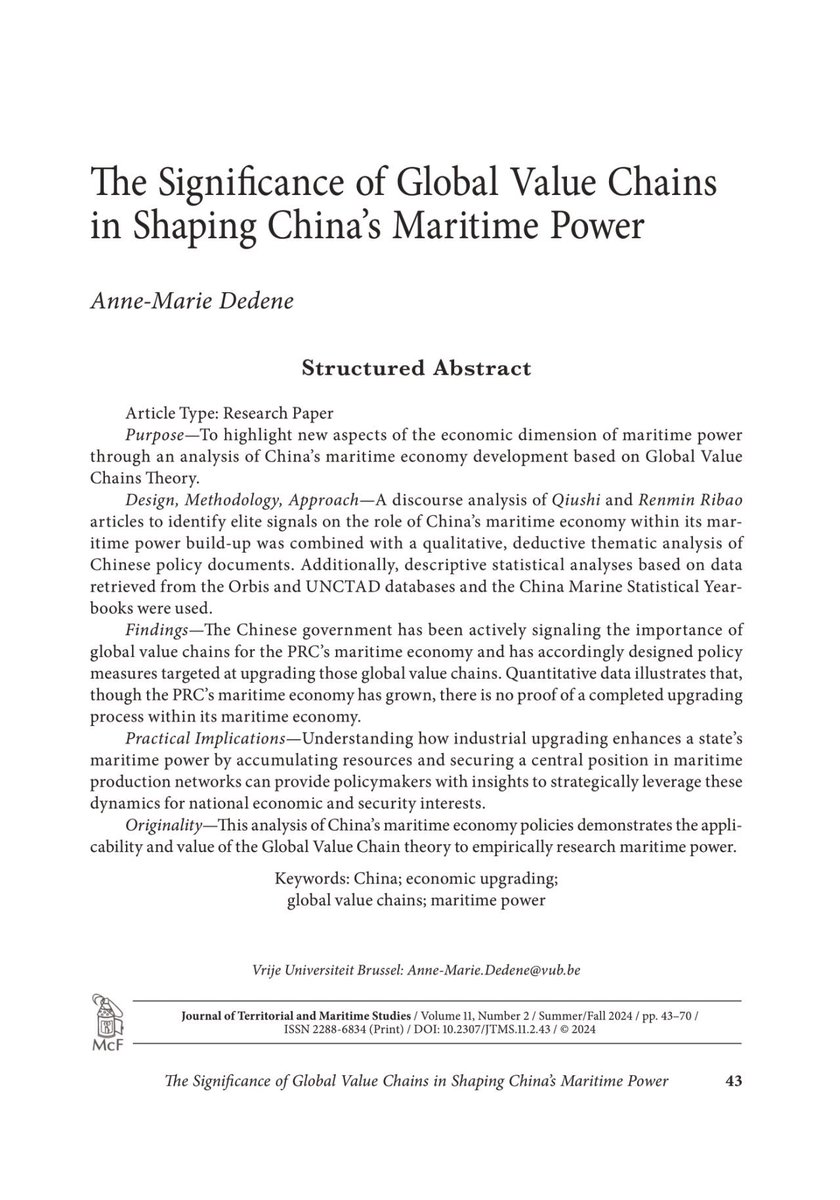 POLI (@dfuturevub.bsky.social) (@poli_vub) on Twitter photo 📣New publication ! 📄
Colleague <a href="/AnneDedene/">Anne-Marie Dedene</a> published an article in <a href="/jtms2016/">Journal of Territorial and Maritime Studies</a>.
In this paper, she looks at how the Chinese government uses global value chains to enhance its maritime economy and bolster its maritime power. 🌍🚢
Soon to be read here 🔗: …alofterritorialandmaritimestudies.net/articles 📣New publication ! 📄
Colleague <a href="/AnneDedene/">Anne-Marie Dedene</a> published an article in <a href="/jtms2016/">Journal of Territorial and Maritime Studies</a>.
In this paper, she looks at how the Chinese government uses global value chains to enhance its maritime economy and bolster its maritime power. 🌍🚢
Soon to be read here 🔗: …alofterritorialandmaritimestudies.net/articles