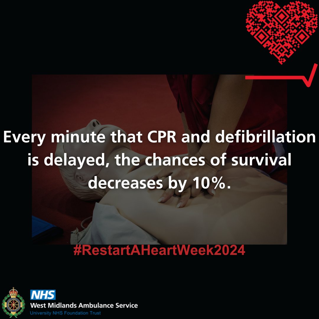 OFFICIALWMAS's tweet photo. Providing CPR and using a defibrillator on someone in cardiac arrest, is the best way to improve their chances of survival ❤️🩹.
To learn CPR scan the QR code on the second graphic or head to ➡️https://t.co/3U6q2uCulR
#RestartAHeartWeek https://t.co/YEeG1I0v7n