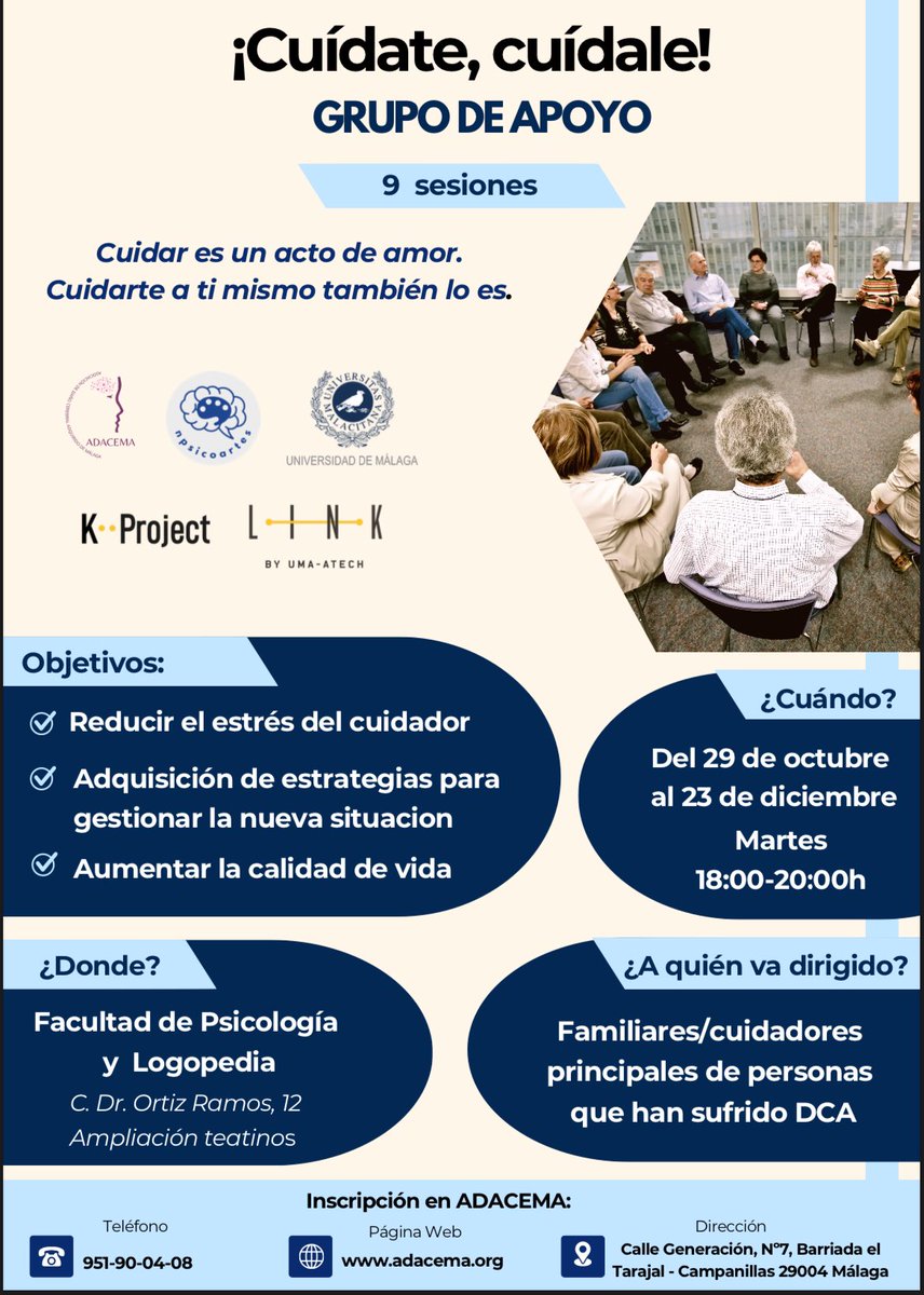 Desde la facultad de Psicología de Málaga, se pone en marcha un proyecto en colaboración con ADACEMA, para ofrecer de forma gratuita talleres de autoayuda.

Si quieres participar o deseas información, contacta en el 951900408.