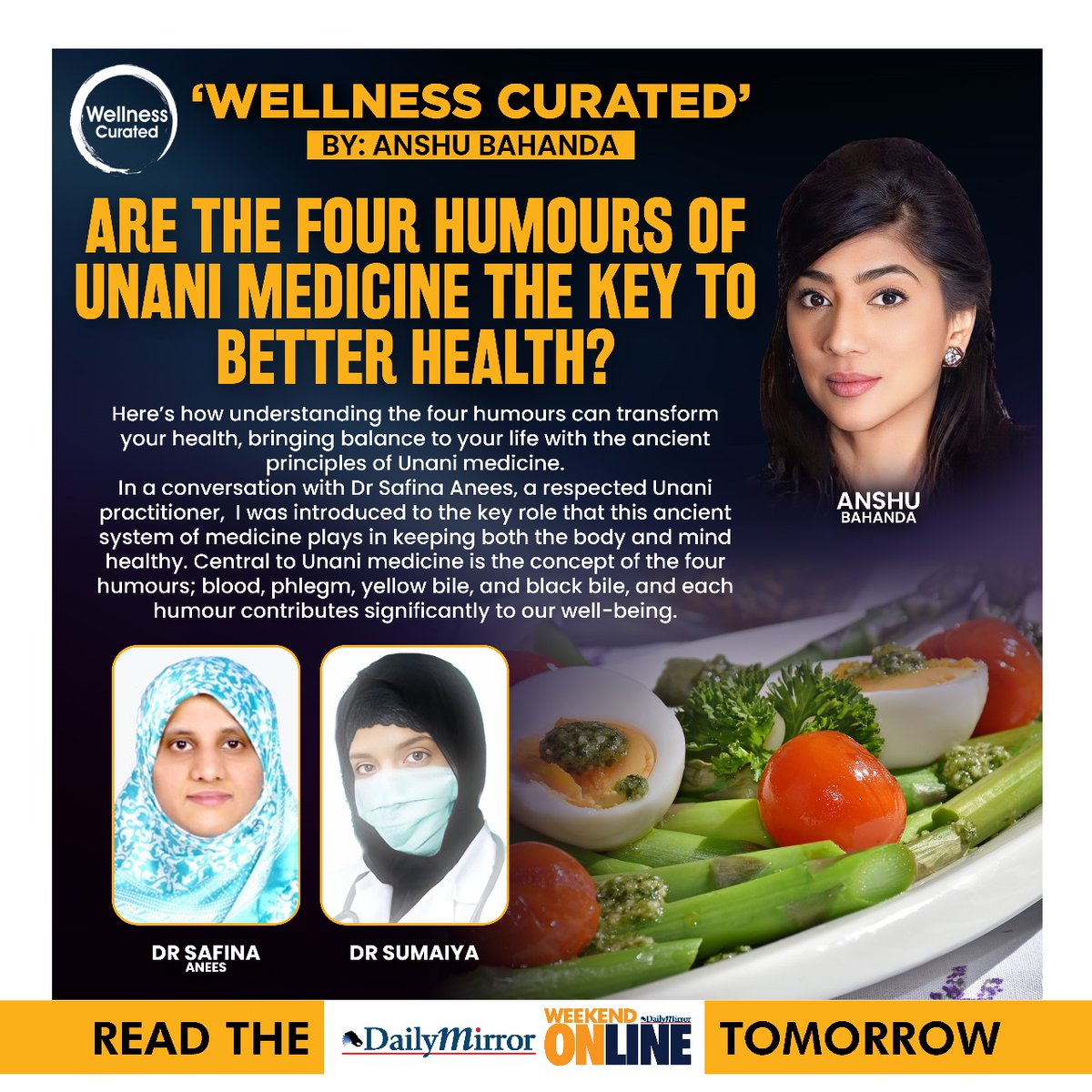 Dailymirror_SL's tweet photo. 'Wellness Curated'
Are the four humours of Unani medicine the key to better health?
By: Anshu Bahanda
Read the Full Article - The Weekend Online, Daily Mirror.
#WellnessCurated #AnshuBahanda #HealthAndWellness #DailyMirrorOnline #DailyMirror #WeekendOnline #Colombo #SriLanka