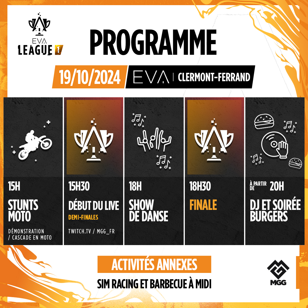 J-1 EVA LEAGUE 1 PLAYOFFS 🏆

Rendez-vous demain à EVA Clermont-Ferrand pour  connaître le vainqueur de cette saison 🔥🔥

▶️ Début du live à 15h30
🔗 twitch.tv/mgg_fr

BONUS : le programme des activités sur place que nous vous avons préparé 👀