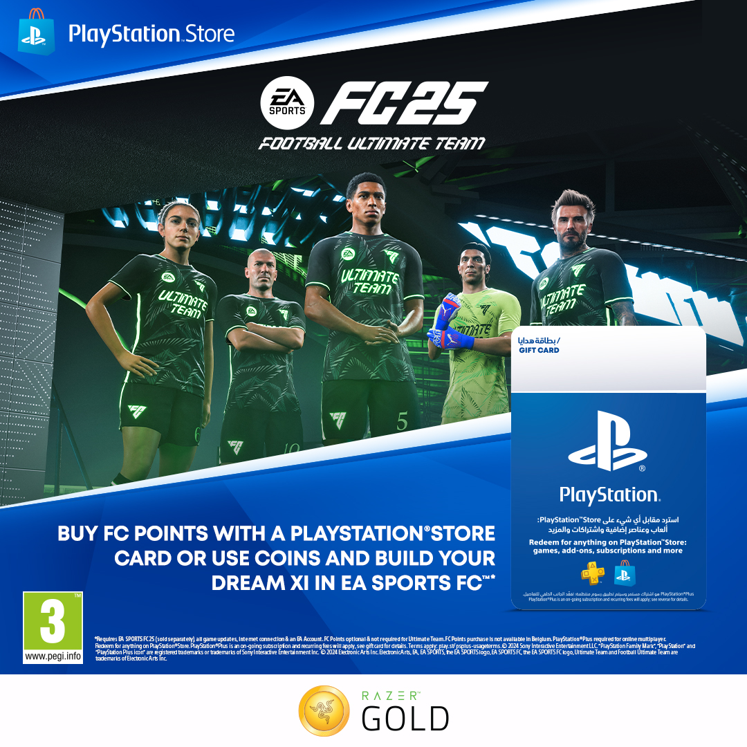 RazerGoldMEA's tweet photo. اختر تشكيلة فريقك المثالي لكرة القدم 25 اليوم! اشتر بطاقات هدايا بلاي ستيشن Playstation عبر Razer Gold. اضغط هنا: https://t.co/UKxCXWjkFc

#RazerGold #PSN https://t.co/kFxCaXd3Tt