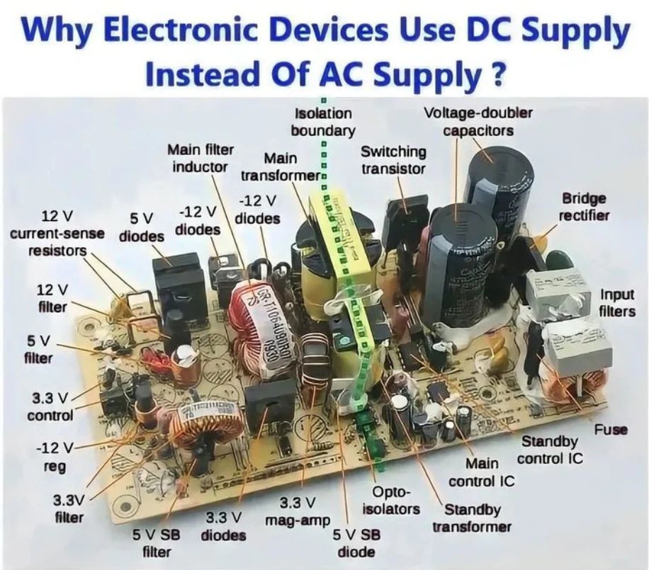 RichardElectro4's tweet image. Ever wondered why DC supply is preferred over AC in electronic devices? The answer lies in the smooth and constant voltage provided by DC. This ensures the proper functioning of sensitive electronic components. #ElectronicsBasics #DCvsAC #PowerSupply #electronic #devices