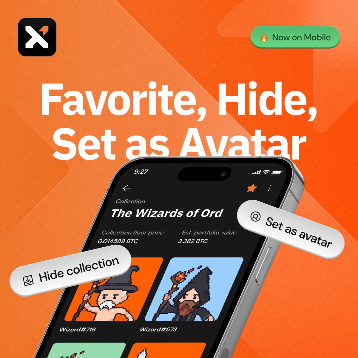 Collectibles update now live on Mobile!

⭐️ Star your favorite Inscriptions!
🫣 Hide unwanted Inscriptions!
🏷️ Easily identify your accounts with an Inscription!

➡️ Update your device NOW!

1/ More details 🧵👇