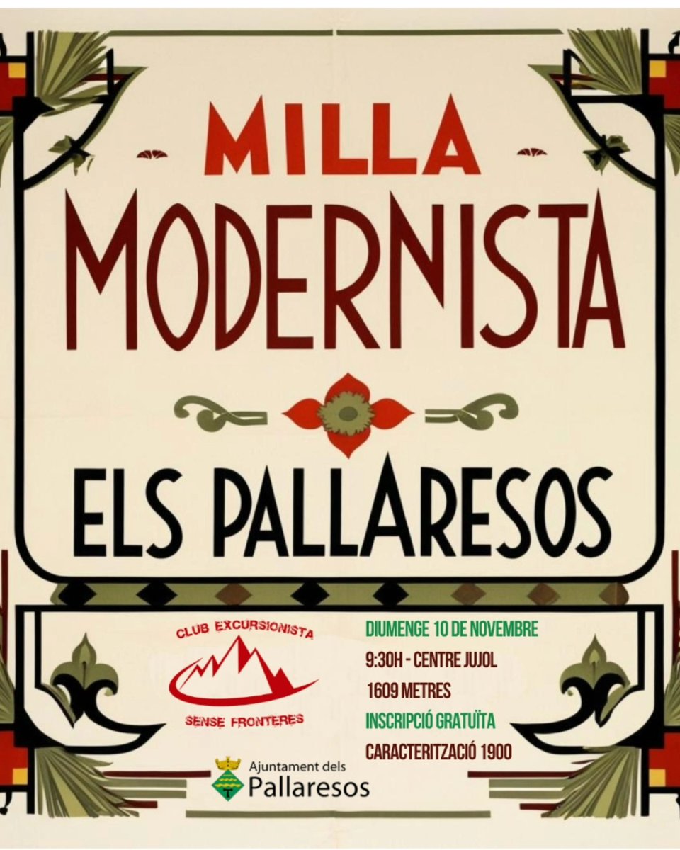 S'acosten les Jornades Modernistes dels Pallaresos. Recordeu: 8, 9 i 10 de novembre. Una novetat destacada serà la Milla Modernista, el 10 de novembre a les 9:30h. Si hi vols participar has de venir vestit d'època.  Més info: @cesensefronteres

<a href="/AjElsPallaresos/">Ajuntament dels Pallaresos</a> <a href="/modernismeCAT/">@modernismeCAT</a>