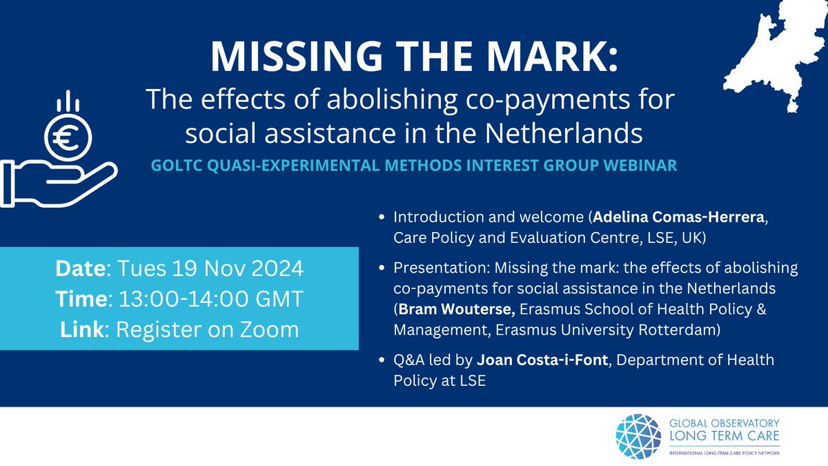 Global Observatory of Long-Term Care (@globalobltc) on Twitter photo UPCOMING WEBINAR on the effects of abolishing co-payments for #SocialAssistance in the Netherlands 🇳🇱
In this webinar from the #QuasiExperimentalMethods Interest Group, <a href="/BramWouterse/">Bram Wouterse</a> presents #research insights.🔍
JOIN US ON 19 NOV: lse.zoom.us/meeting/regist…
@JoanCostaiFont UPCOMING WEBINAR on the effects of abolishing co-payments for #SocialAssistance in the Netherlands 🇳🇱
In this webinar from the #QuasiExperimentalMethods Interest Group, <a href="/BramWouterse/">Bram Wouterse</a> presents #research insights.🔍
JOIN US ON 19 NOV: lse.zoom.us/meeting/regist…
@JoanCostaiFont