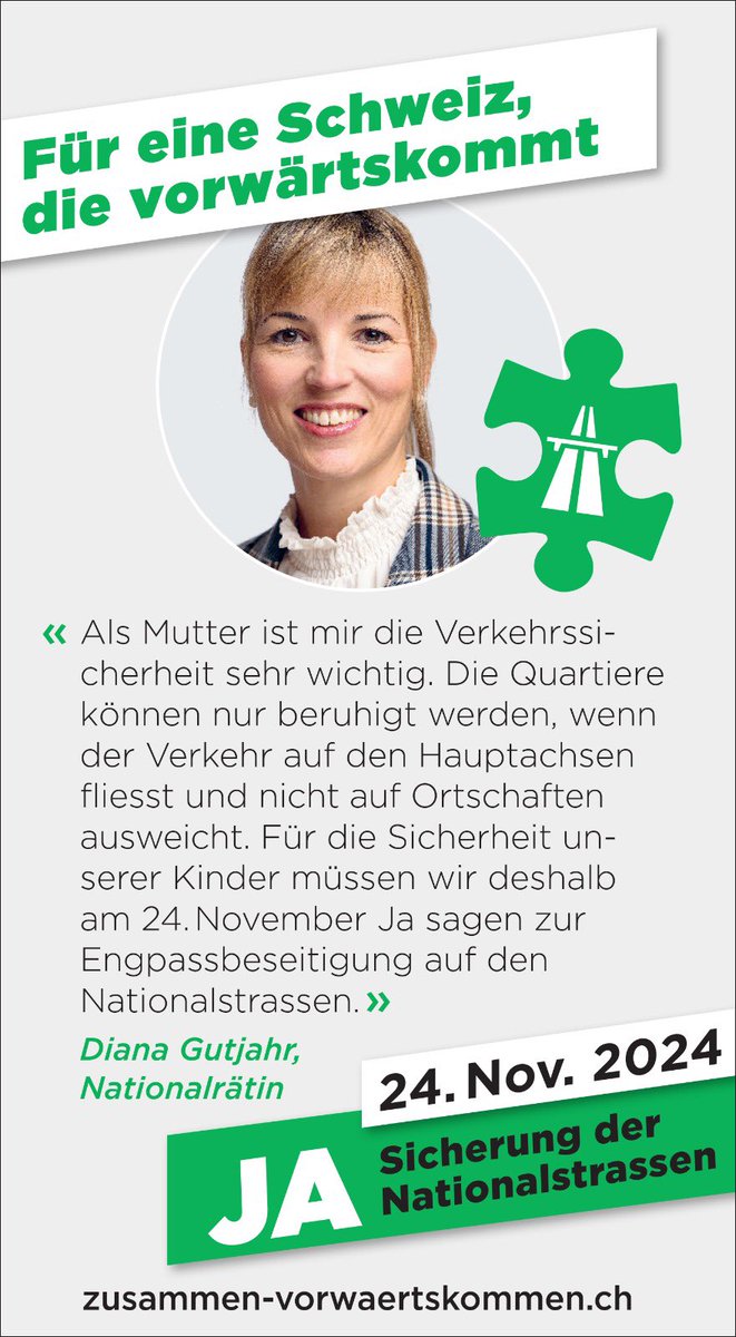 Diana Gutjahr (@dianagutjahr1) on Twitter photo Als Mutter ist mir die Verkehrssicherheit wichtig. Quartiere können nur beruhigt werden, wenn der Verkehr auf den Hauptachsen fliesst. Für die Sicherheit unserer Kinder müssen wir am 24. November klar JA sagen zur Engpassbeseitigung auf den Nationalstrassen. <a href="/Gewerbe_Thurgau/">Gewerbe Thurgau</a> Als Mutter ist mir die Verkehrssicherheit wichtig. Quartiere können nur beruhigt werden, wenn der Verkehr auf den Hauptachsen fliesst. Für die Sicherheit unserer Kinder müssen wir am 24. November klar JA sagen zur Engpassbeseitigung auf den Nationalstrassen. <a href="/Gewerbe_Thurgau/">Gewerbe Thurgau</a>