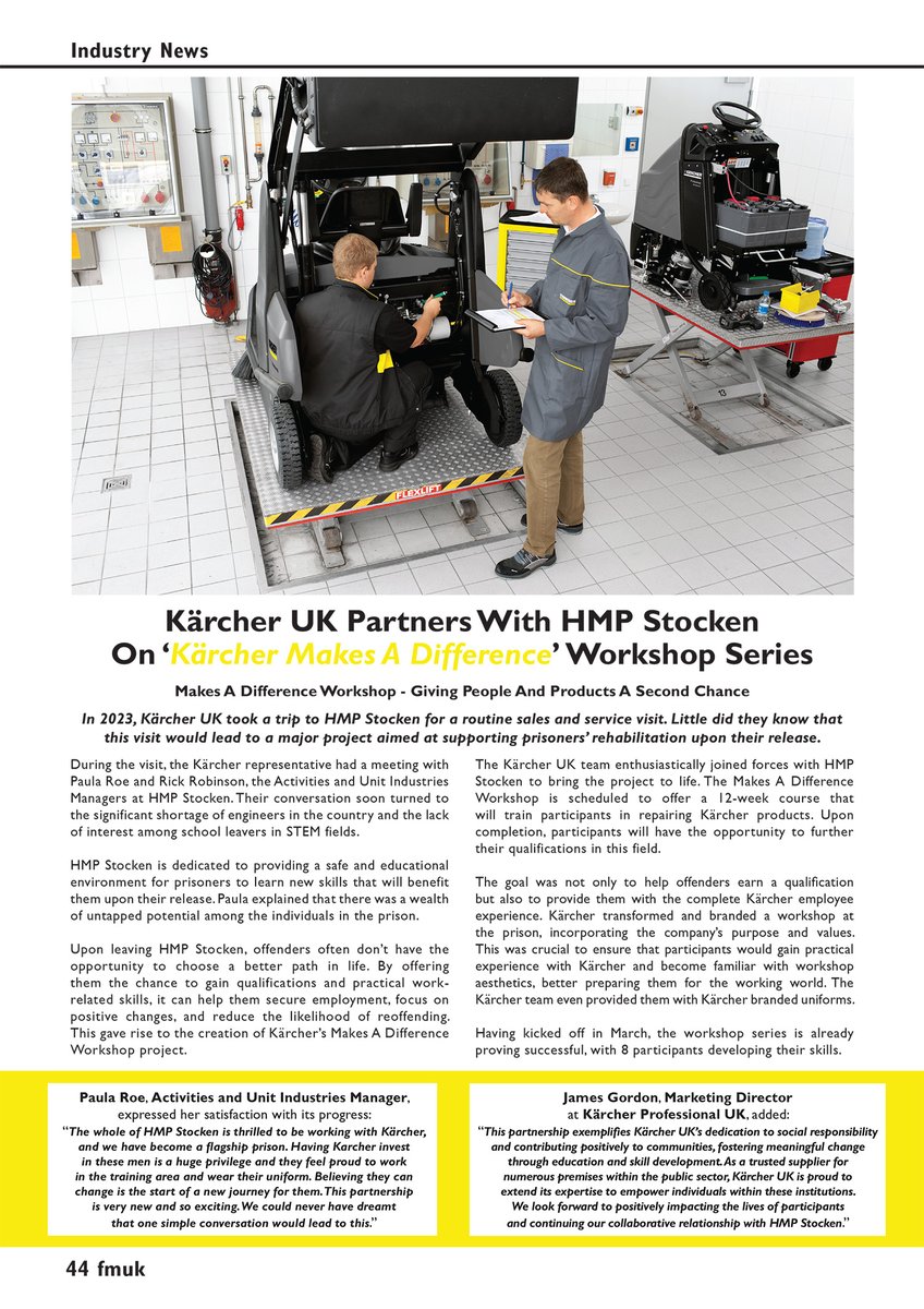 Latest Issue 📰: Kärcher UK partners with <a href="/HMPStocken/">HMP Stocken</a> on ‘Kärcher Makes A Difference’ workshop series, dedicated to giving #people and #products a second chance.

➡️fmuk-online.co.uk/features/6198-…
<a href="/karcheruk/">Kärcher UK</a>
#facman #FacilitiesManagement #training #skills #rehabilitation #cleaning
