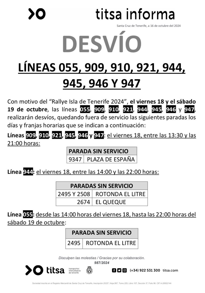ℹ️ Este fin de semana, nuestra ciudad acoge diferentes eventos que producirán desvíos en varias líneas de guaguas, tal y como nos informa <a href="/titsa/">Titsa Guaguas</a> 🚍<a href="/santacruz_ayto/">Ayuntamiento de Santa Cruz de Tenerife</a> <a href="/MovilidadSC/">Movilidad y Accesibilidad Universal Santa Cruz TF</a>
