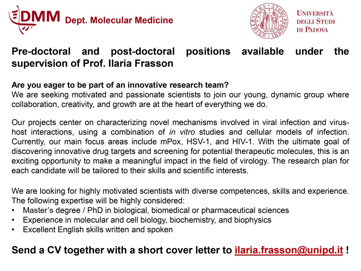 Ilaria Frasson (@frassonilaria) on Twitter photo 🚀 We’re hiring! Join our innovative research team focused on viral infection and drug discovery. If you're passionate about science and eager to make an impact, check out our open positions! Apply now! <a href="/UniPadova/">Università di Padova</a> <a href="/DMM_Unipd/">Dipartimento di Medicina Molecolare DMM - Unipd</a> 🚀 We’re hiring! Join our innovative research team focused on viral infection and drug discovery. If you're passionate about science and eager to make an impact, check out our open positions! Apply now! <a href="/UniPadova/">Università di Padova</a> <a href="/DMM_Unipd/">Dipartimento di Medicina Molecolare DMM - Unipd</a>
