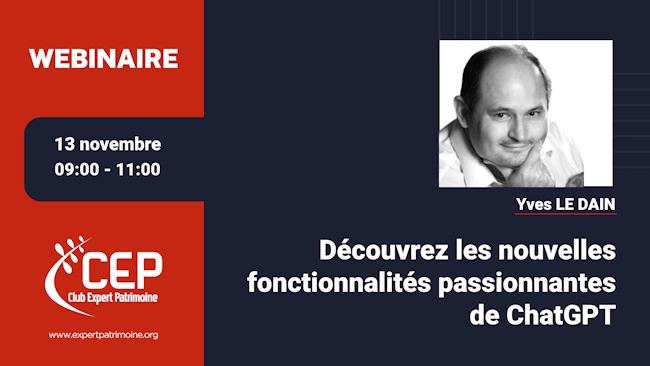 Expertpatrimoine (@exp_patrimoine) on Twitter photo 🚀Nouveau #webinaire ! Découvrez les nouvelles fonctionnalités passionnantes de ChatGPT ! avec <a href="/YvesLeDain/">Yves Le Dain</a>
📆RDV le 13 novembre de 9h à 11H
💻Détail du programme et inscriptions➡️bit.ly/4eZNj2a 🚀Nouveau #webinaire ! Découvrez les nouvelles fonctionnalités passionnantes de ChatGPT ! avec <a href="/YvesLeDain/">Yves Le Dain</a>
📆RDV le 13 novembre de 9h à 11H
💻Détail du programme et inscriptions➡️bit.ly/4eZNj2a
