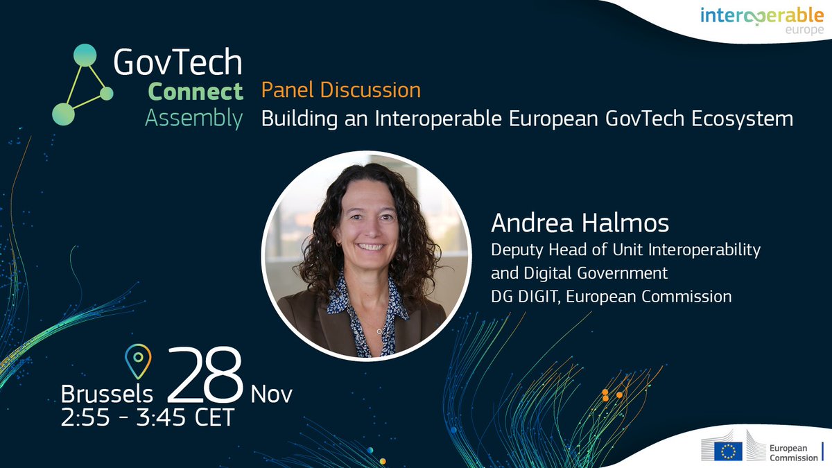 InteroperableEU's tweet image. Our Deputy Head of Unit @Andrea_Halmos will take part in the panel discussion on Building an #Interoperable European #GovTech Ecosystem at the #GovTechConnectAssembly.

Register now to join her in Brussels. Seats💺 on-site are limited!
👉govtechbootcamps.com/govtech-connec…

#GovTechConnect