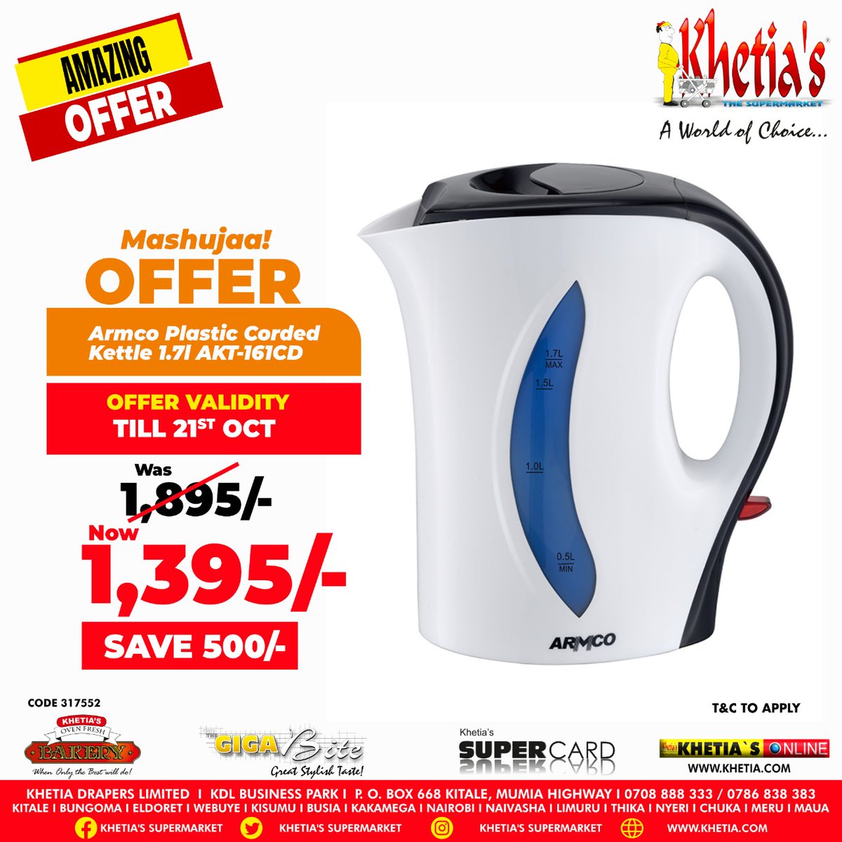 Huuuuge price ✂️ on this ARMCO 1.7L kettle 🥳🥳

Valid till the 21st of October.

Usi miss hii offer  moto 🔥 kutoka   #khetiaskwabeinafuu
#khetiasAworldofchoice
