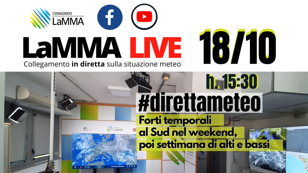 flash_meteo's tweet photo. #LammaLIVE oggi alle 15:30 dalla sala meteo LaMMA.
> Forti #temporali attesi al sud nel fine settimana; poi sarà una settimana nel complesso ancora mite ma con fasi stabili alternate ad altre instabili.
Seguite su:
🟢 YouTube https://t.co/8Kd2tTk8Rk
🟢 pagina Facebook LaMMA https://t.co/A0zNIBoXxX