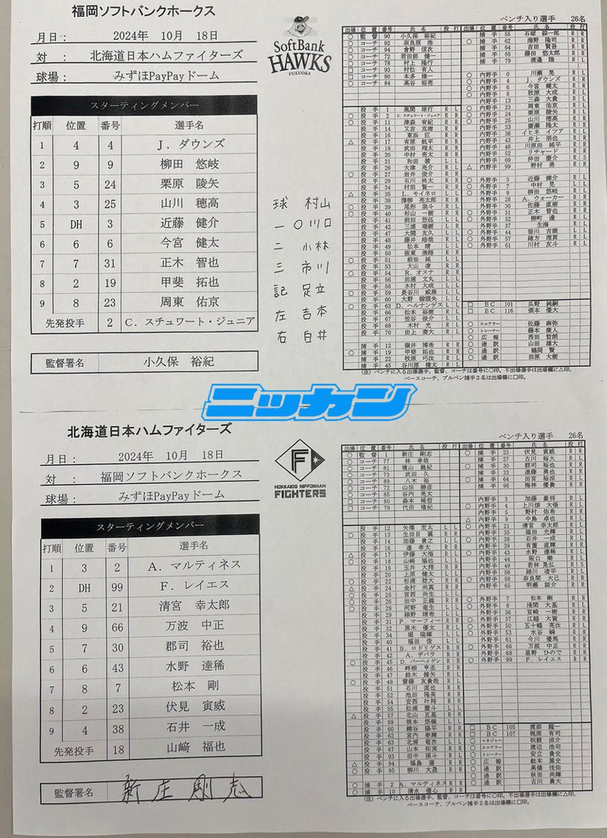 nikkan_fighters's tweet image. 🆚#HAWKS
オーダー発表です
1、２番 
#マルエス
#CSファイナル
#清水優心 選手がベンチ入り