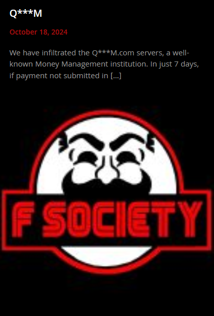 FalconFeedsio's tweet photo. 🚨 Ransomware Alert 🚨
FSOCIETY | FLOCKER ransomware group claims to have added a new, unknown victim (Q***https://t.co/xpqqp0eQsG).
#FSOCIETY #FLOCKER
#Ransomware #DataBreach #CyberAttack #DarkWeb #Infosec https://t.co/pdYb2seuAs