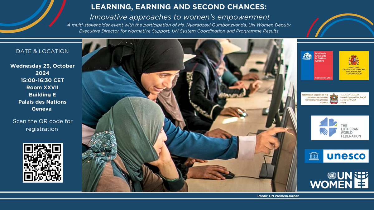 unwomengeneva's tweet photo. Join us for a dynamic dialogue on gender and education
with @vanyaradzai, UN Women DED 🌍 "Learning, Earning &amp; Second Chances: Innovative Approaches to Empowerment". 
🗓 23 Oct 2024
🕒 15:00-16:30 
📍Room XXVII, Palais des Nations, Geneva
Register at: https://t.co/5g63KQTbHd https://t.co/Fde2O6nZ41