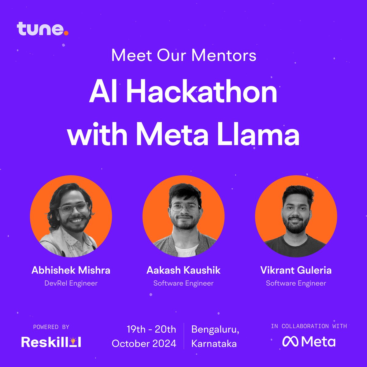 Our Tune AI team will be mentoring at the AI Hackathon with Meta Llama!

<a href="/Reskilll/">Reskilll</a> | <a href="/AIatMeta/">AI at Meta</a>