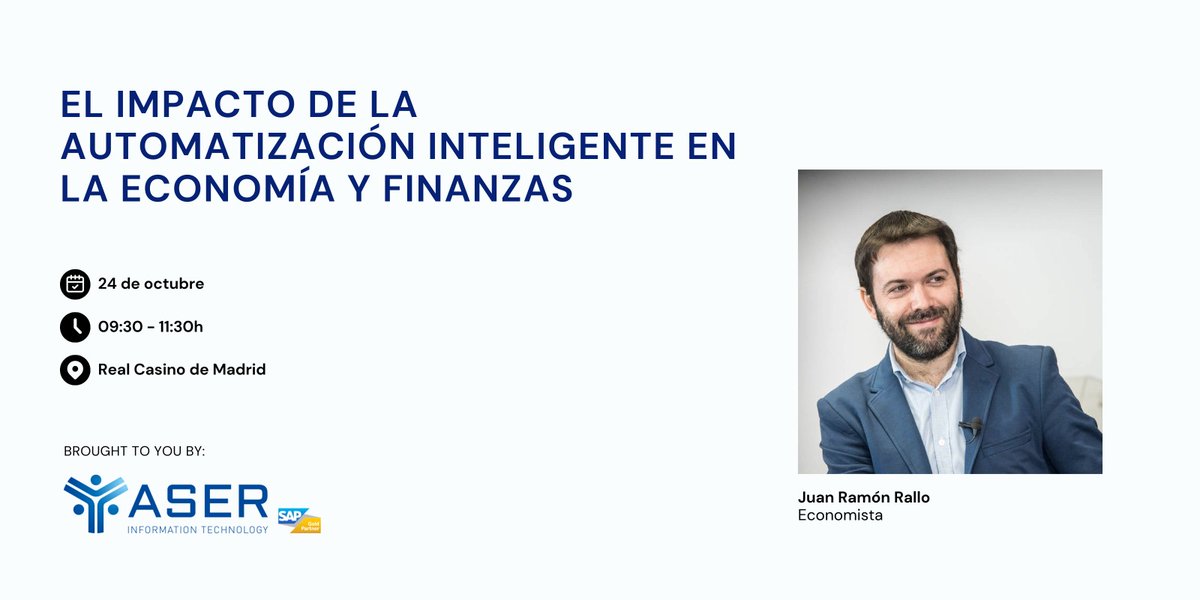 AmChamSpain's tweet photo. Nuestra empresa socia @ASERITGroup, celebrará el próximo 24 de octubre de 9.30hrs a 11.30hrs en el Real Casino de Madrid, la jornada “El impacto de la automatización inteligente en la economía y las finanzas”.

Más información y registro: https://t.co/PFYIxu9Gf2 https://t.co/r9VzPl6vP3